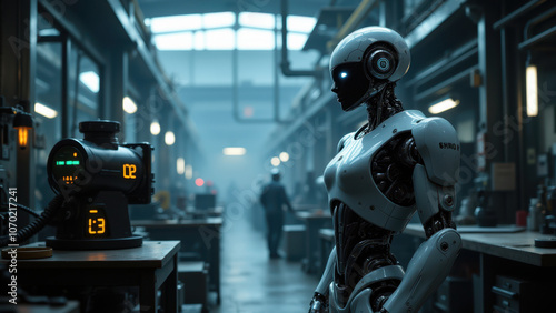 A humanoid robot in an industrial setting, likely a factory or lab, surrounded by various equipment and machinery.