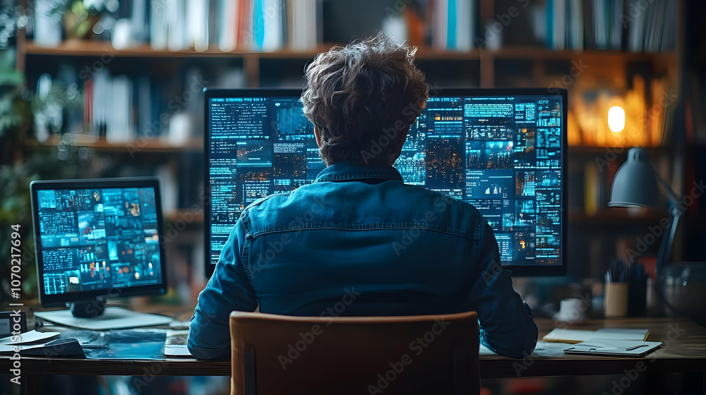 Man Working on Computer with Blue Screens Illustration Man Working on Computer with Blue Screens Illustration