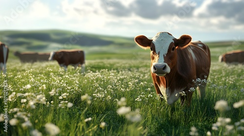 Fototapeta Naklejka Na Ścianę i Meble -  Red and White Cow in a Field of White Flowers and Green Grass
