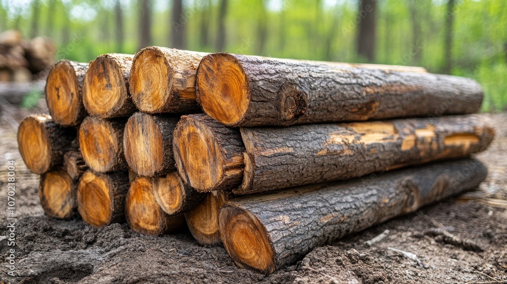 Stacked Logs in a Forest Clearing with Soft Light Stacked Logs in a Forest Clearing with Soft Light