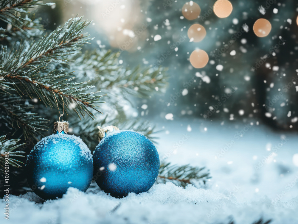 Frosty Holiday Decor with Blue Ornaments and Snow Frosty Holiday Decor with Blue Ornaments and Snow