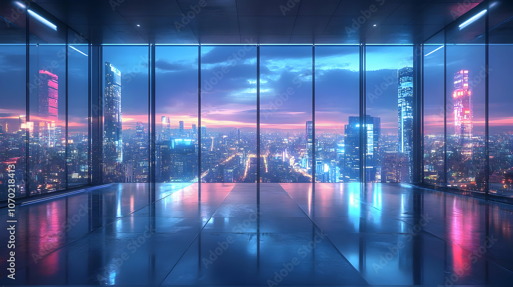 Modern Office Space with Cityscape View 3D Illustration Modern Office Space with Cityscape View 3D Illustration