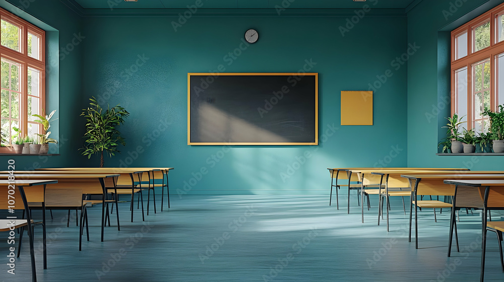 Classroom Interior Design with Teal Walls and Wooden Desks - 3D Illustration Classroom Interior Design with Teal Walls and Wooden Desks - 3D Illustration