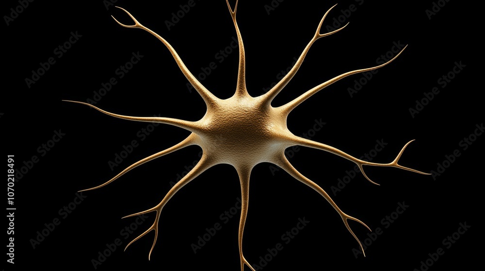 Neuron cell close-up view with 3D rendered image of interconnected neurons and synapses on a black background, abstract structure depicting synaptic connections and healthcare concepts Neuron cell close-up view with 3D rendered image of interconnected neurons and synapses on a black background, abstract structure depicting synaptic connections and healthcare concepts
