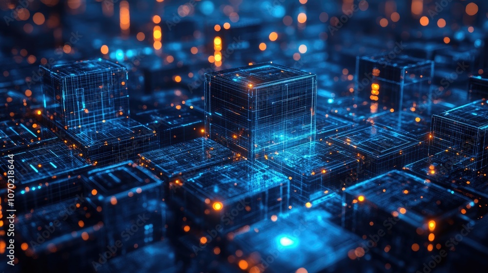 Obraz premium Advanced 3D Grid of Interconnected Blocks Emitting Blue Lights, Symbolizing AI, Blockchain, and Future Digital Infrastructure in a High-Tech Cityscape for Smart Data Communication