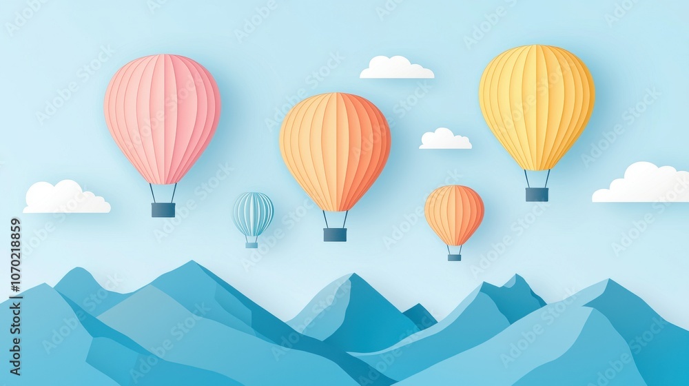 Colorful hot air balloons soar above a serene mountainous landscape under a blue sky Colorful hot air balloons soar above a serene mountainous landscape under a blue sky