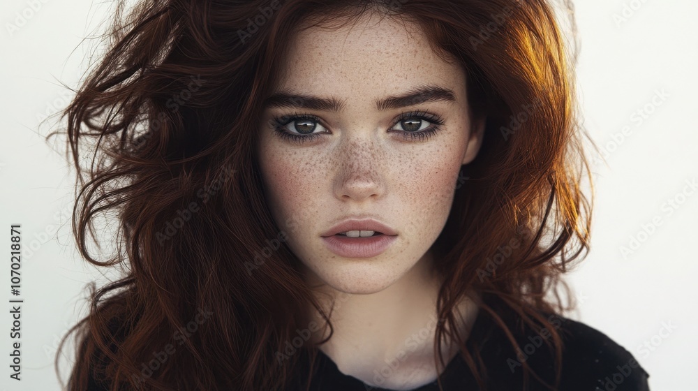 Portrait of a young woman with red hair and freckles, neutral background. Portrait of a young woman with red hair and freckles, neutral background.