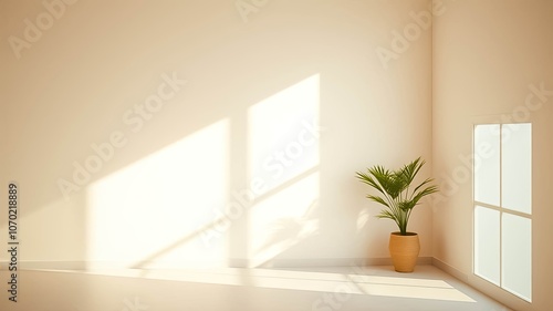 A Minimalist Corner with a Plant in a Woven Pot and Sunlight Streaming Through a Window