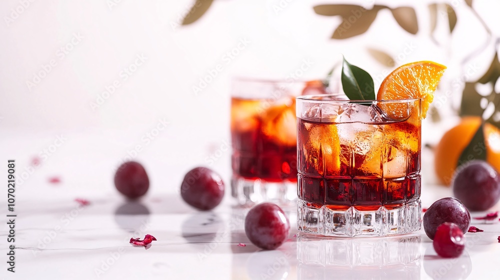 Refreshing Red Cocktail with Ice, Orange, and Plums Refreshing Red Cocktail with Ice, Orange, and Plums