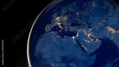 Fototapeta Naklejka Na Ścianę i Meble -  Earth photo at night, City Lights of Europe, Middle East, Turkey, Italy, Black Sea, Mediterrenian Sea from space, World map globe. Satellite photo HD. Elements of this image furnished by NASA.