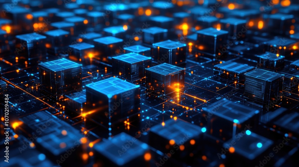High-Tech Digital Cityscape with Glowing Blue Blocks Representing Data Networks, Blockchain, AI, Cloud Computing, and Digital Infrastructure for a Connected Smart City Future High-Tech Digital Cityscape with Glowing Blue Blocks Representing Data Networks, Blockchain, AI, Cloud Computing, and Digital Infrastructure for a Connected Smart City Future