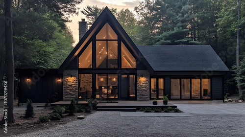 A modern house in the woods with black metal accents, large windows