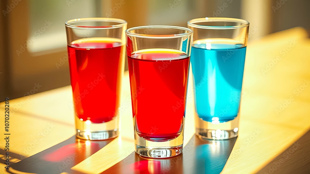 Three glasses of vibrant colored liquids, bathed in the warm glow of sunlight, resting on a wooden surface. Three glasses of vibrant colored liquids, bathed in the warm glow of sunlight, resting on a wooden surface.