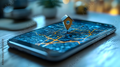 3D Illustration of Phone Displaying a Map with Location Pin photo