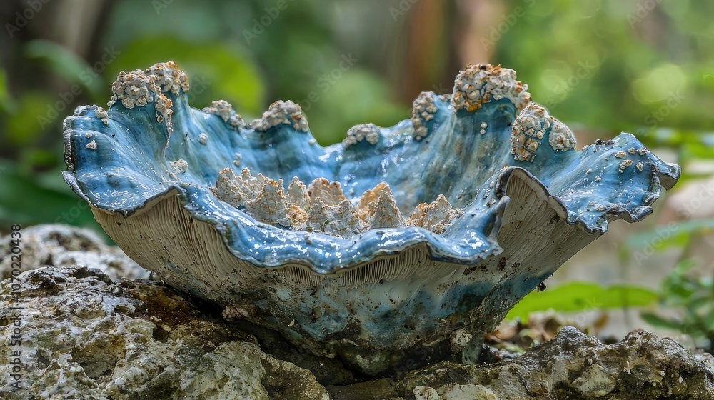 Obraz premium A vibrant blue and white mushroom with a unique and intricate texture rests on a rock.