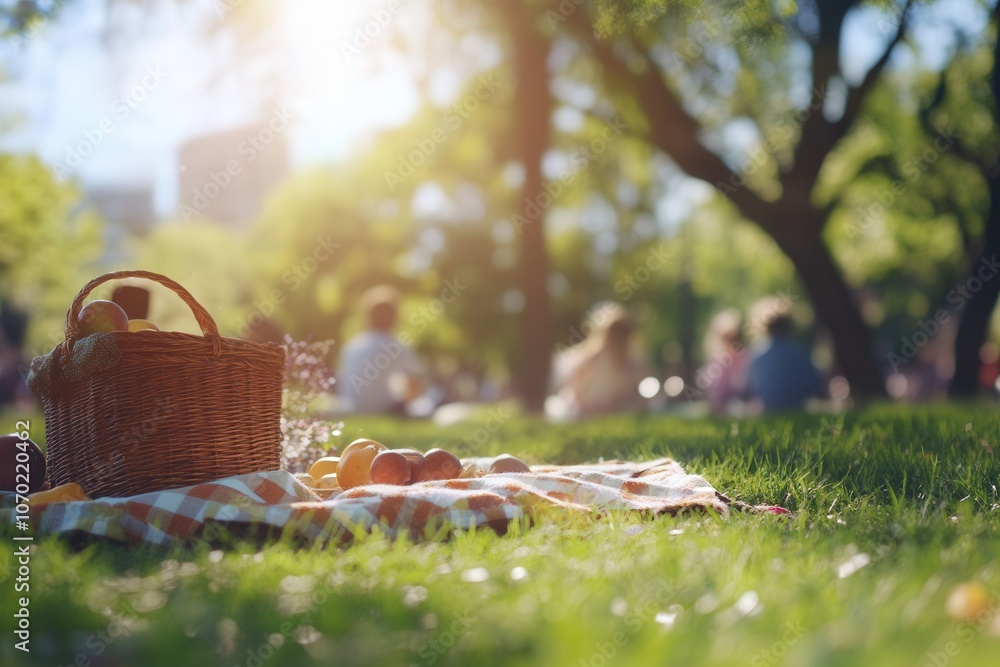 picnic in a sunny park, with a picnic blanket, basket, and children playing in the background picnic in a sunny park, with a picnic blanket, basket, and children playing in the background