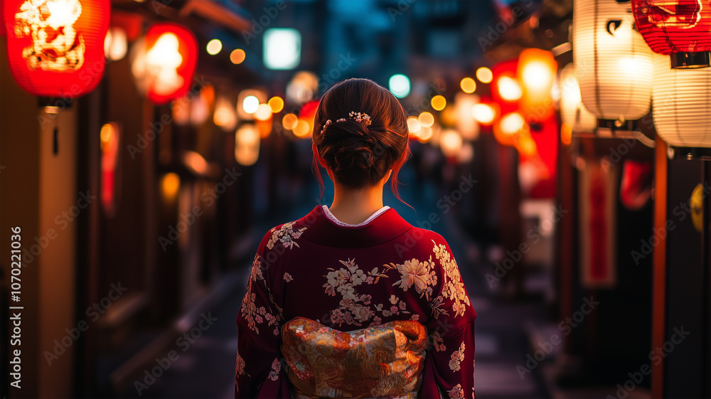 Fototapeta premium 灯籠の道を進む着物の女性