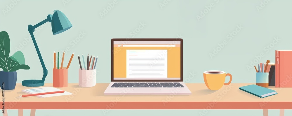A cozy workspace featuring a laptop, stationery, a desk lamp, a coffee cup, and a plant A cozy workspace featuring a laptop, stationery, a desk lamp, a coffee cup, and a plant