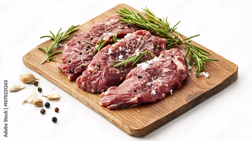 Raw Beef Steaks with Rosemary, Salt, and Pepper on Wooden Board Raw Beef Steaks with Rosemary, Salt, and Pepper on Wooden Board