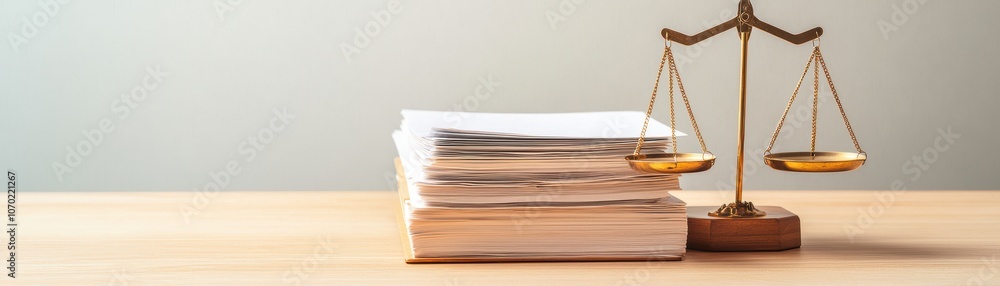 A golden balance scale next to a stack of documents on a wooden table, justice, law A golden balance scale next to a stack of documents on a wooden table, justice, law