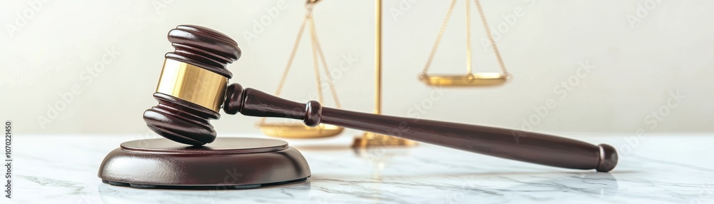 A wooden gavel rests on a table, with golden scales of justice blurred in the background, law and justice. A wooden gavel rests on a table, with golden scales of justice blurred in the background, law and justice.