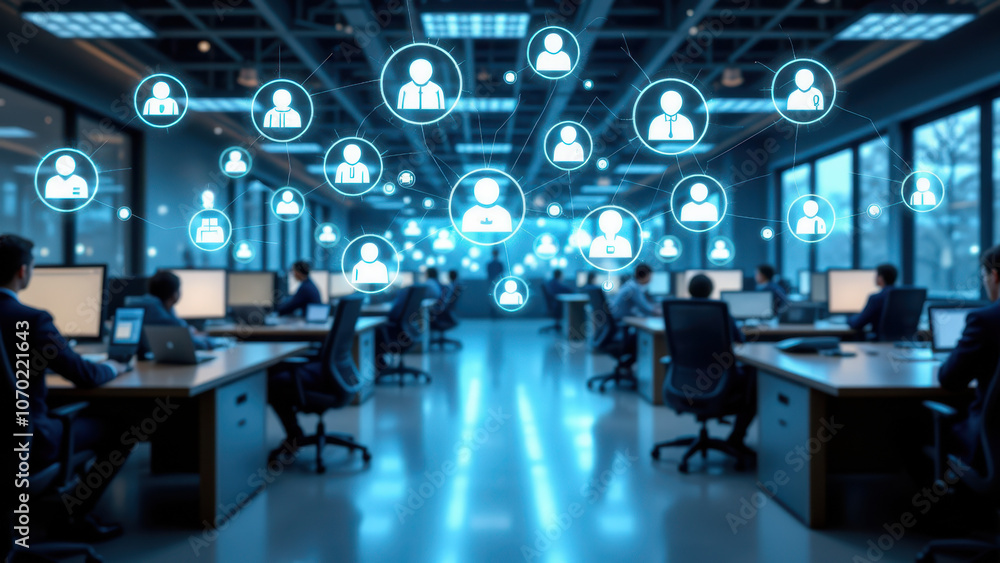 Obraz premium Futuristic office with advanced technology integration and collaborative workspace environment.