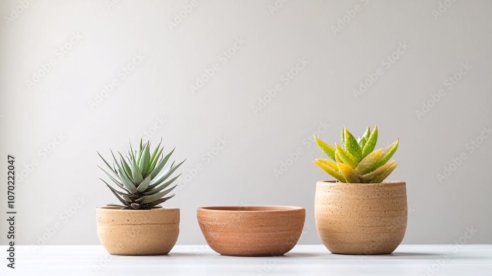 Potted Succulents and Empty Ceramic Bowl on White Table Potted Succulents and Empty Ceramic Bowl on White Table