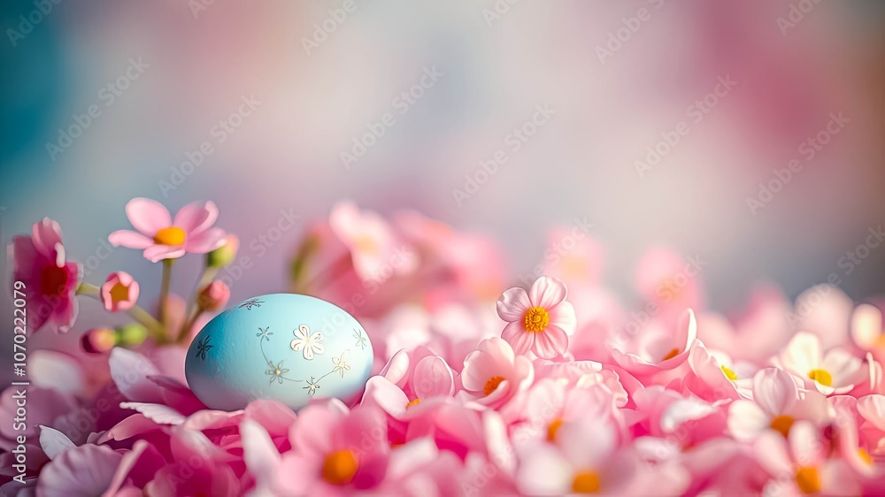 A single blue egg with intricate white designs rests gently on a bed of delicate pink flower petals, creating a soft and whimsical springtime scene. A single blue egg with intricate white designs rests gently on a bed of delicate pink flower petals, creating a soft and whimsical springtime scene.