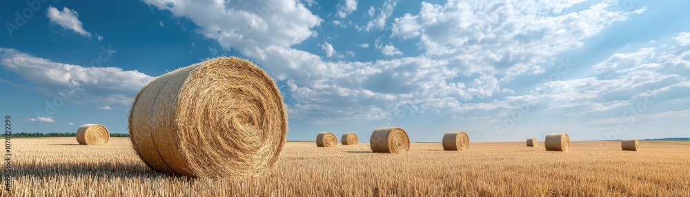 Dynamic Field of Rustic Hay Bales Under a Vibrant Sky, Capturing the Essence of Rural Serenity and Nature's Beauty. Dynamic Field of Rustic Hay Bales Under a Vibrant Sky, Capturing the Essence of Rural Serenity and Nature's Beauty.