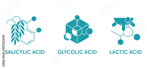 Glycolic, Lactic, Salicylic acid. Icons set in monochrome style