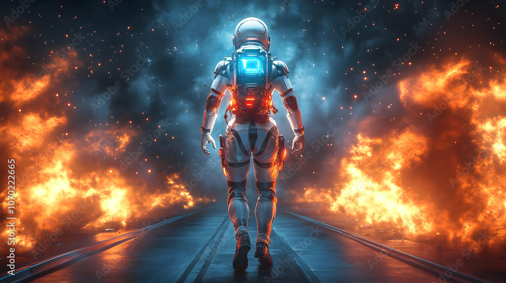 Fototapeta premium Astronaut Walking Through Fire Illustration