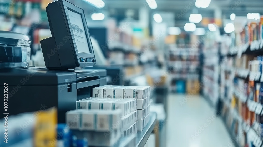 Modern Cash Register, Stacks of Receipts, and Blurred Supermarket Aisle in the Background Modern Cash Register, Stacks of Receipts, and Blurred Supermarket Aisle in the Background