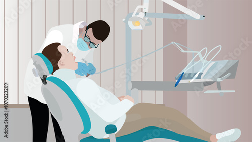 Dentist in dentistry office. Doctor and young man patient in dental chair in hospital. Dental care treatment concept. Healthcare, stomatology clinic.  Patient tooth cleaning.Checkup health teeth. 