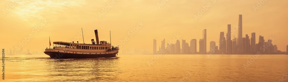 Obraz premium A serene sunset view features a ship sailing on calm waters with a city skyline in the background