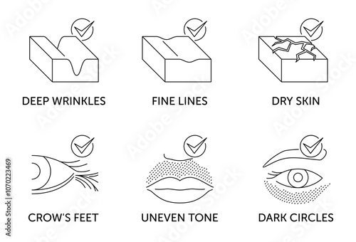 Facial skin problems icons set for labeling of anti-age products