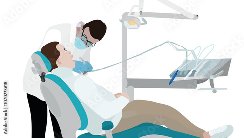 Doctor and young man patient in dental chair. Dental care treatment concept. Healthcare, stomatology clinic.  Patient tooth cleaning.Checkup health teeth. isolated on white