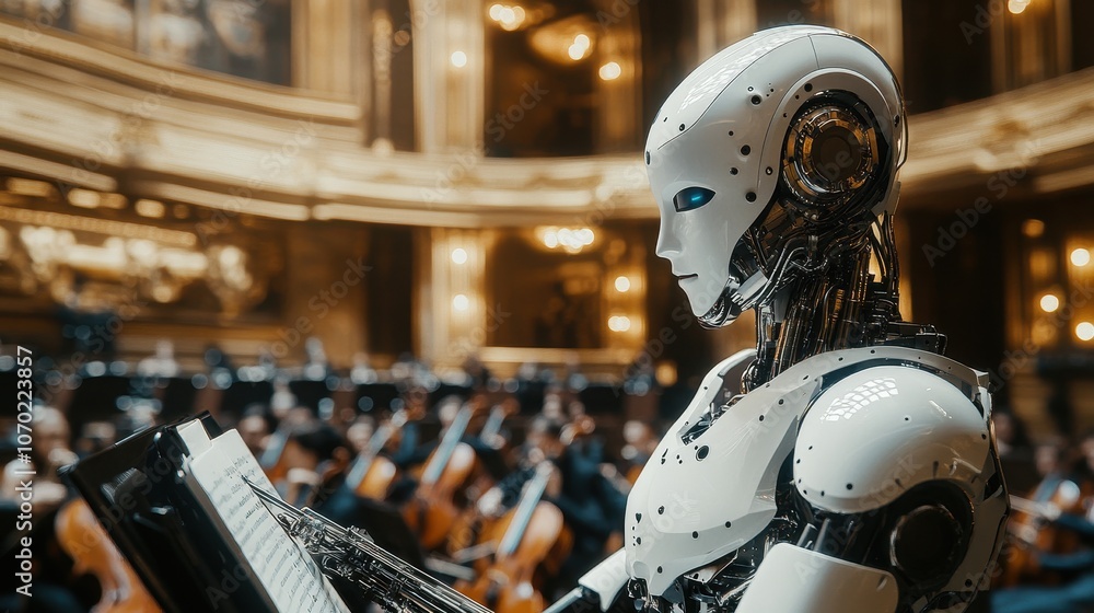 Fototapeta premium A robot conductor leads an orchestra. A futuristic depiction of technology replacing traditional roles in the music industry.