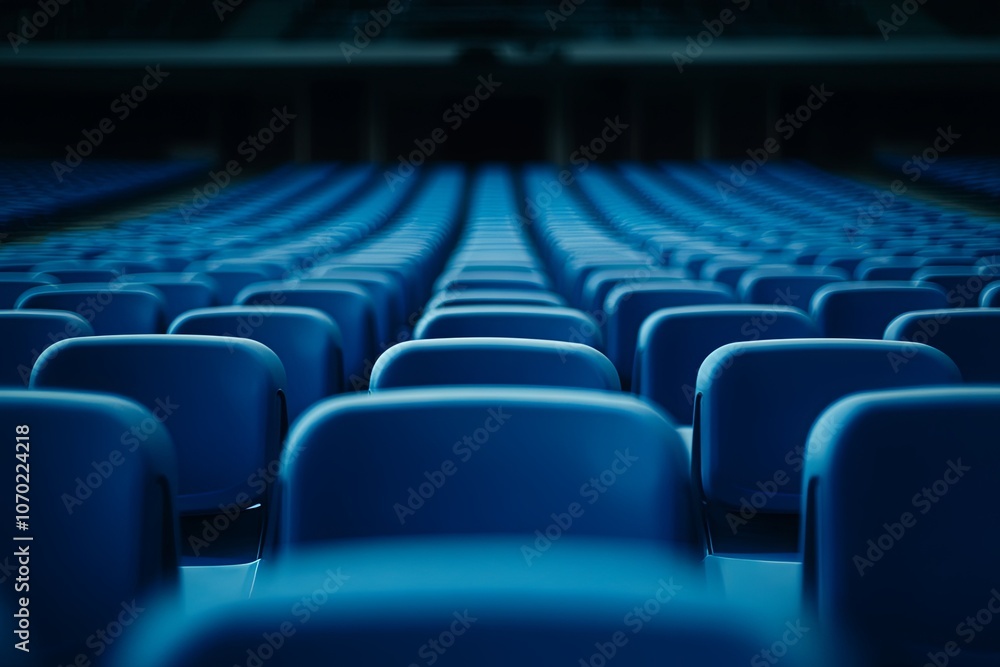Rows of blue seats in an empty stadium create a sense of anticipation before an upcoming event. Generative AI Rows of blue seats in an empty stadium create a sense of anticipation before an upcoming event. Generative AI