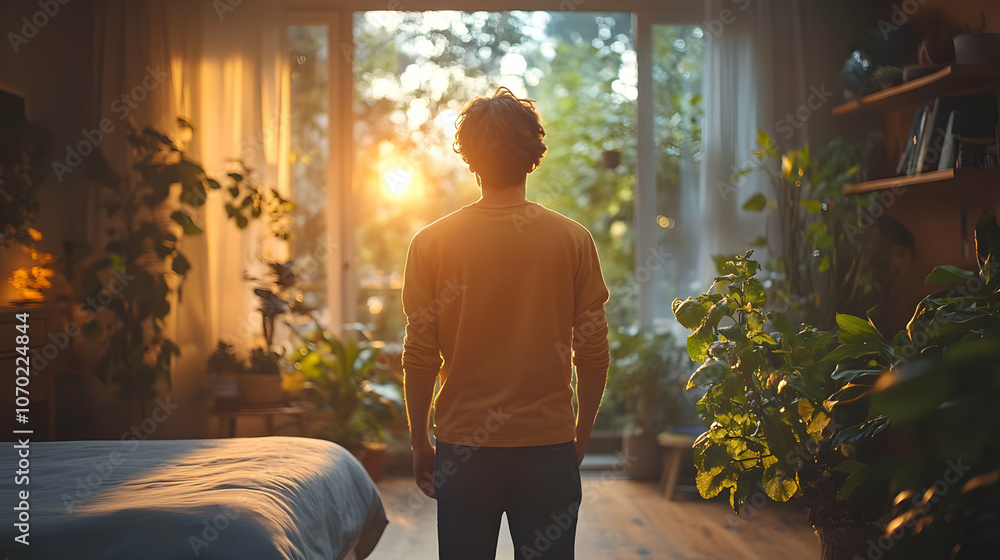 Man Looking Out Window at Sunset in Living Room - Realistic Image Man Looking Out Window at Sunset in Living Room - Realistic Image
