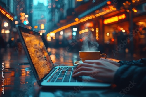 A person working on a laptop with a cup of coffee in front of them in a city setting at night.