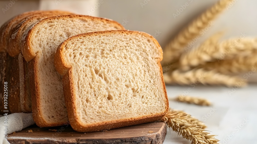 Close-up of Sliced White Bread on Wooden Cutting Board with Wheat Stalks Close-up of Sliced White Bread on Wooden Cutting Board with Wheat Stalks