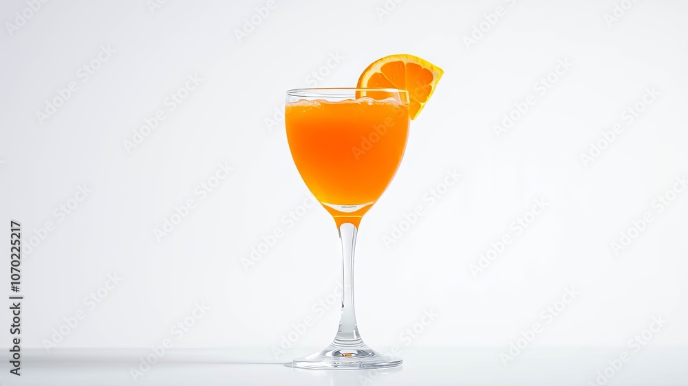 A sparkling citrus beverage in a stemmed glass, garnished with a vibrant orange slice, ready for a refreshing sip. A sparkling citrus beverage in a stemmed glass, garnished with a vibrant orange slice, ready for a refreshing sip.