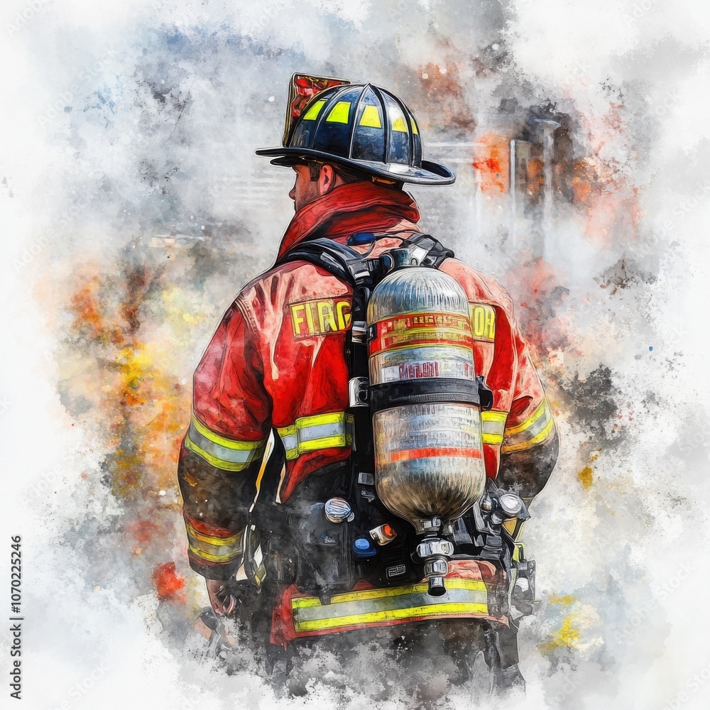 Firefighter in uniform with breathing apparatus, blurred background. Firefighter in uniform with breathing apparatus, blurred background.