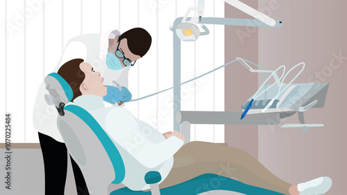 Dentist in dentistry office. Doctor and young man patient in dental chair in hospital. Dental care treatment concept. Healthcare, stomatology clinic.  Patient tooth cleaning.Checkup health teeth. 