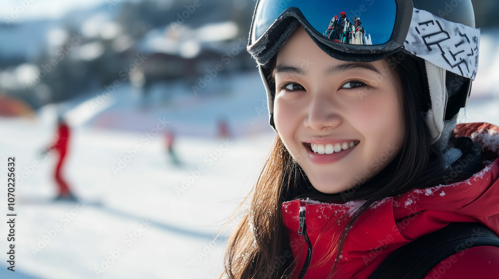 Young skier smiling on the slopes during a sunny winter day in a mountainous ski resort Young skier smiling on the slopes during a sunny winter day in a mountainous ski resort