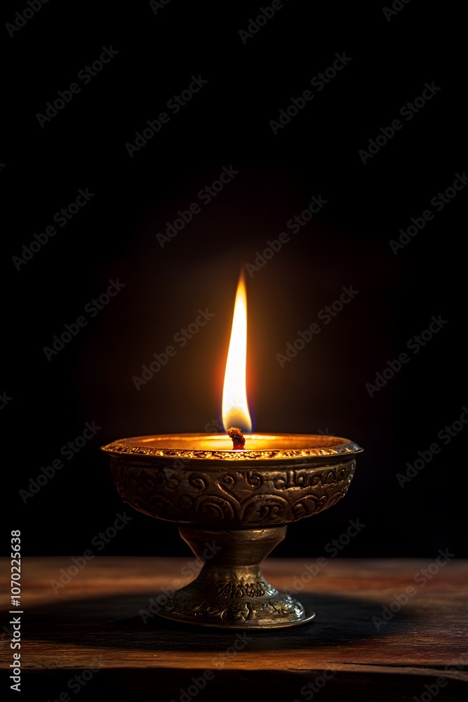 Ornate Brass Oil Lamp With a Lit Flame