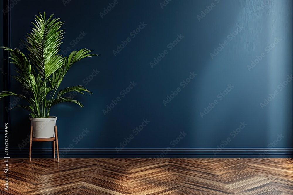 A potted plant sits in front of a dark blue wall in an empty room A potted plant sits in front of a dark blue wall in an empty room