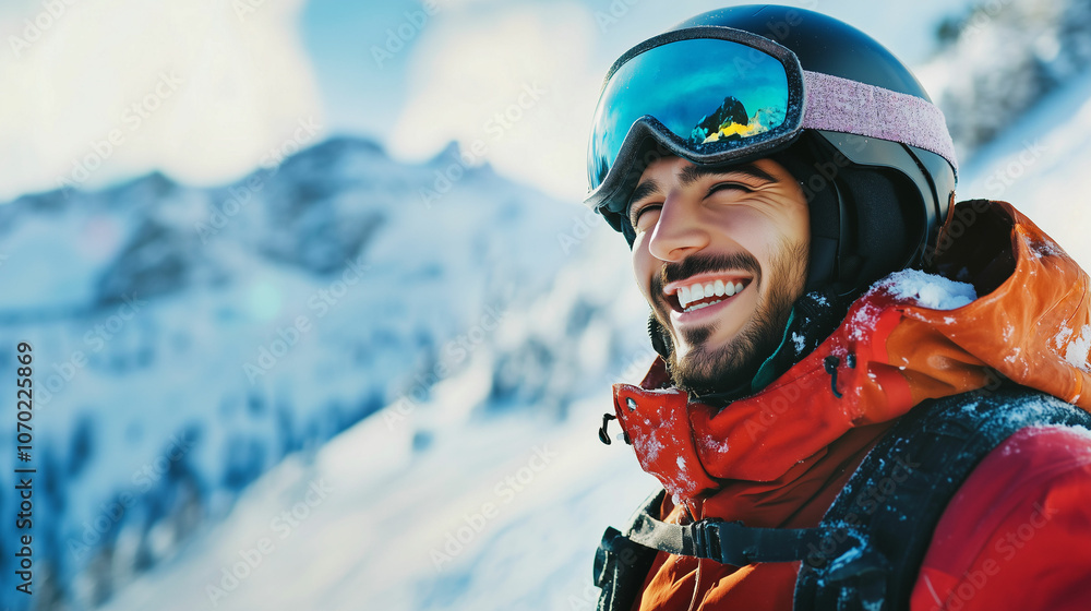 Smiling skier enjoys a sunny day on the snowy slopes of a mountain resort in winter Smiling skier enjoys a sunny day on the snowy slopes of a mountain resort in winter