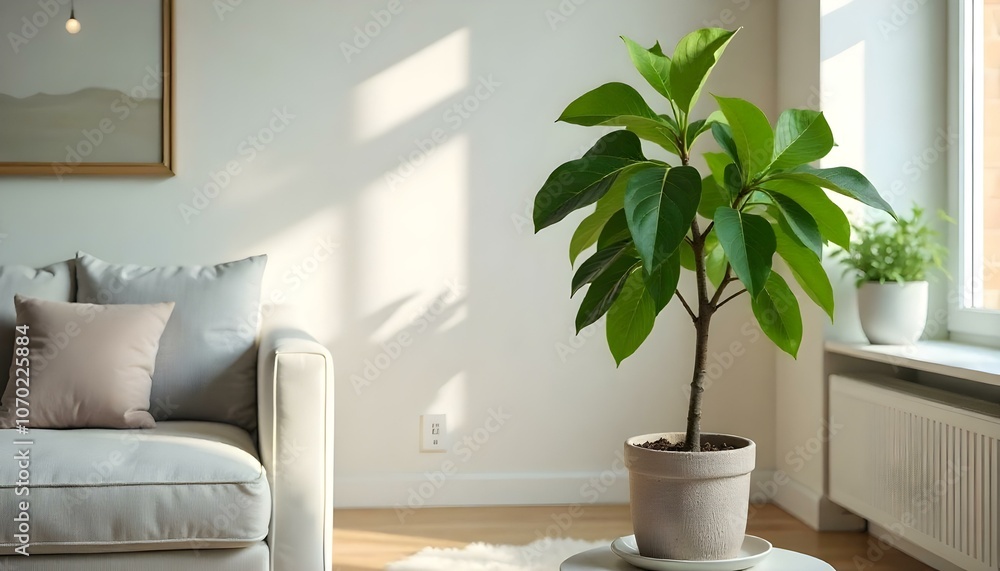 Large houseplant potted plant in a bright living room with copy space Large houseplant potted plant in a bright living room with copy space