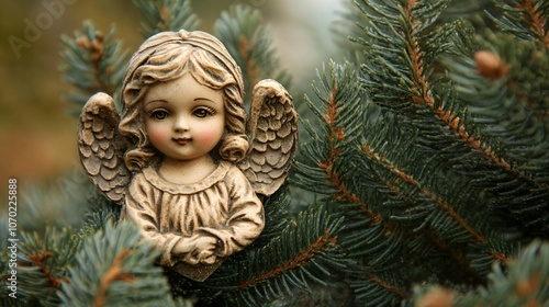 fir tree twigs hold small christmas angel decoration holiday backgrounds scenes tonight photo